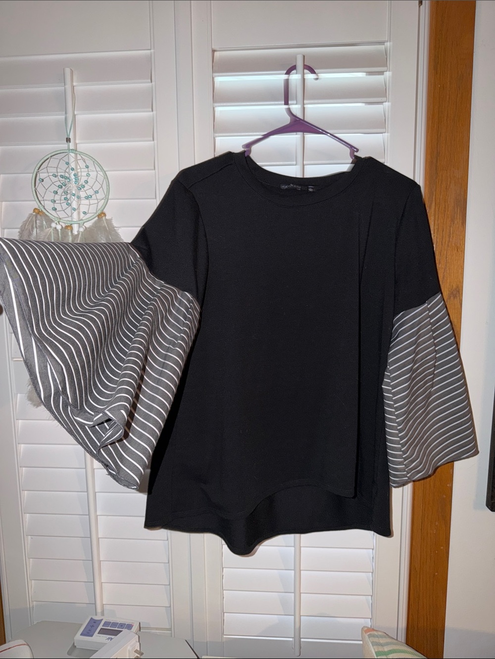 Hannah Black Top with Gray Striped Bell Sleeves